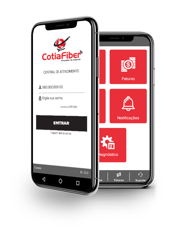 Aplicativo Cotia Fiber em dois smartphones, com acesso a faturas, notificações e diagnóstico